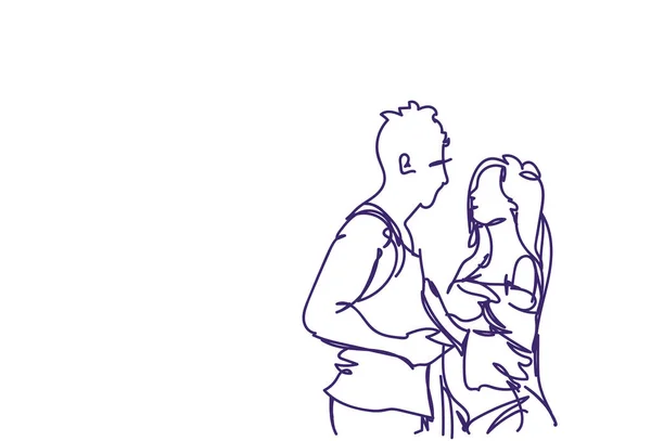 Beyaz arka plan üzerinde çift kucaklayan, Doodle adam ve kadın kucaklama kroki — Stok Vektör