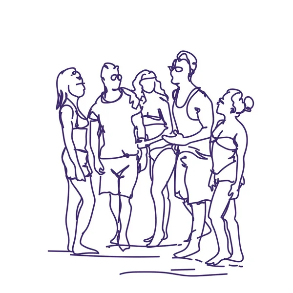 Groep schets mensen praten permanent samen Doodle mannen en vrouwen vrienden communicatie — Stockvector