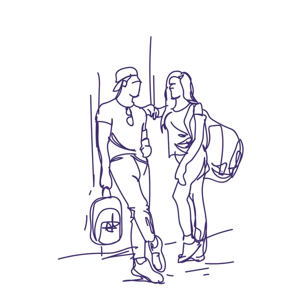 Načrtněte pár stojan mluví hospodářství batohy cestující Doodle muž a žena turisté nad bílým pozadím — Stockový vektor