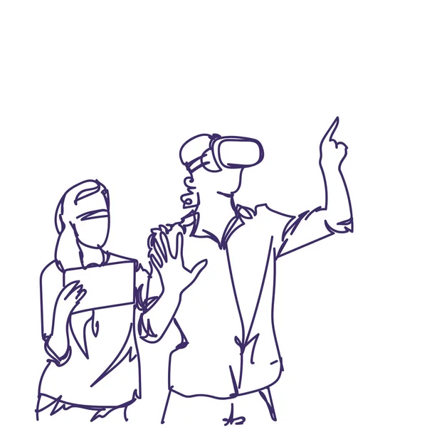 Kobieta trzymać rękę człowiek ubrany Doodle Abstrakcja 3d okulary wirtualnej rzeczywistości zestaw słuchawkowy — Wektor stockowy