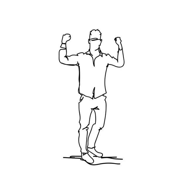 Erfolgreicher Geschäftsmann mit erhobenen Fäusten glücklich männliche Silhouette Skizze auf weißem Hintergrund — Stockvektor