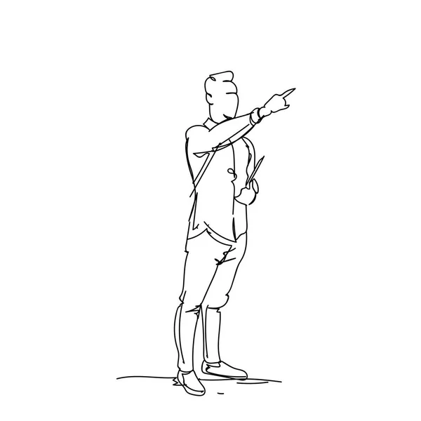 Croquis Businessman Point Finger Doodle Silhouette masculine de l'homme d'affaires sur fond blanc — Image vectorielle