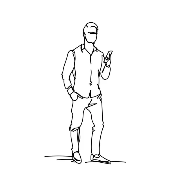 Schets zakenman met behulp van slimme telefoon Doodle mannelijke silhouet op witte achtergrond — Stockvector
