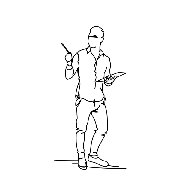 Bosquejo hombre de negocios sosteniendo documentos Doodle silueta masculina sobre fondo blanco — Archivo Imágenes Vectoriales