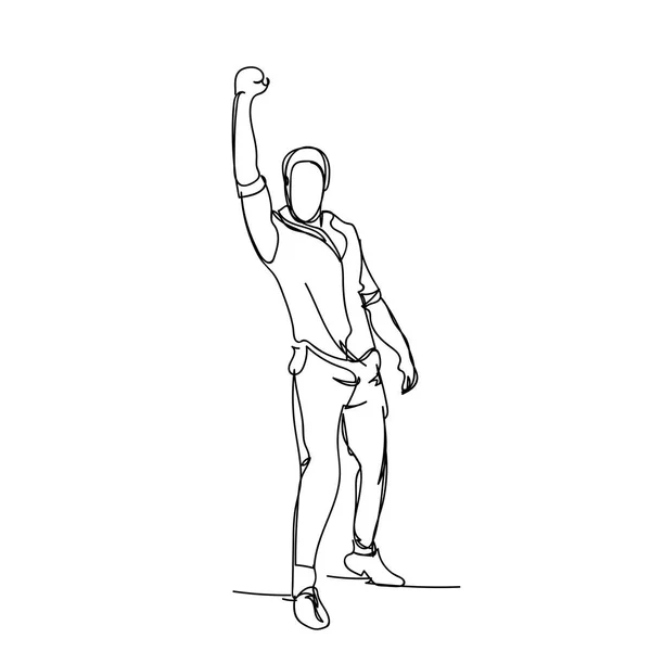 Веселый деловой человек держа руки подняли мужской силуэт скетч на белом фоне — стоковый вектор