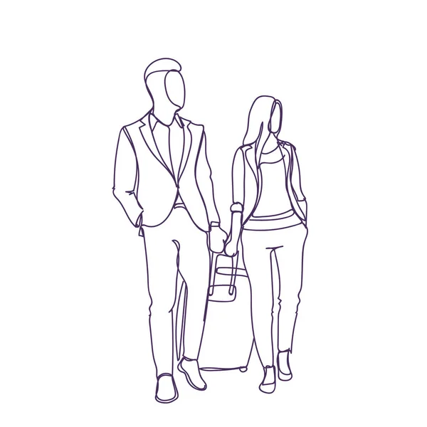Homem de negócios e mulher andando com mala de viagem juntos esboço silhueta — Vetor de Stock