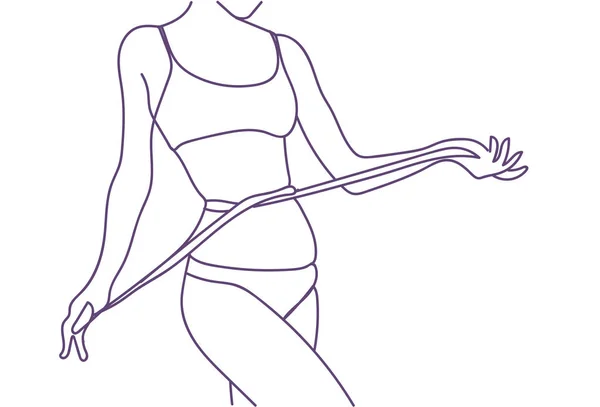 Passar kvinna mäta midjan, vikt förlust, kost, hälsosam Doodle kropp närbild — Stock vektor