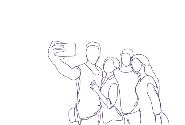 Group Of Sketch People Taking Self Portrait Photo On Smart Phone Camera Doodle Men And Women - Stok Vektor