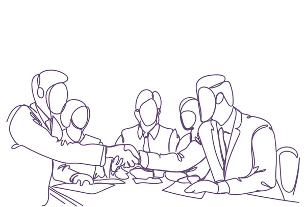 El sıkışma kavramı iki iş adamları liderleri el sıkışan siluet üzerinde başarılı takım toplantı Doodle — Stok Vektör