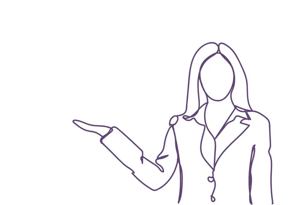 Obchodní žena drží otevřené dlaně kopírovat prostor Doodle skica ženské siluety na bílém pozadí — Stockový vektor