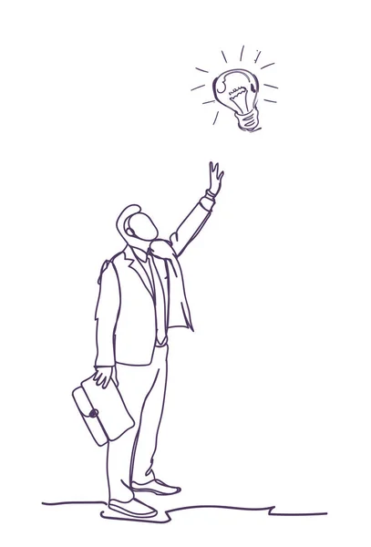 Hombre de negocios señala el dedo en la bombilla Nueva idea Concepto Doodle Empresario sobre fondo blanco — Archivo Imágenes Vectoriales