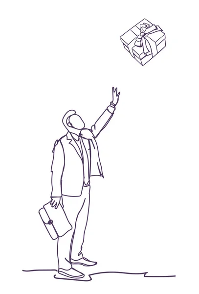 Hombre de negocios señalar dedo en la caja de regalo en fondo blanco Doodle empresario — Archivo Imágenes Vectoriales