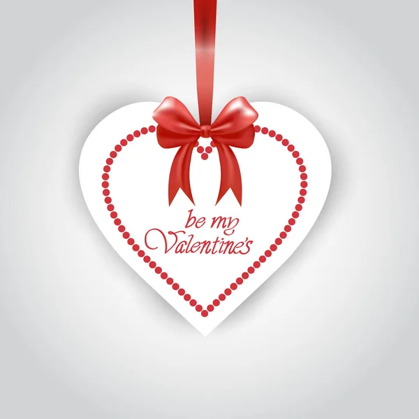 Etiqueta engomada del día de San Valentín colgando de la cinta roja en el fondo blanco aislado — Vector de stock