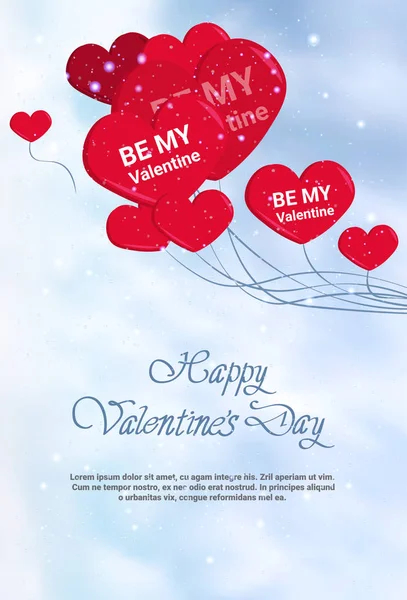 Tarjeta de felicitación de la plantilla del día de San Valentín feliz o cartel con letras dibujadas a mano y globos en forma de corazón — Vector de stock