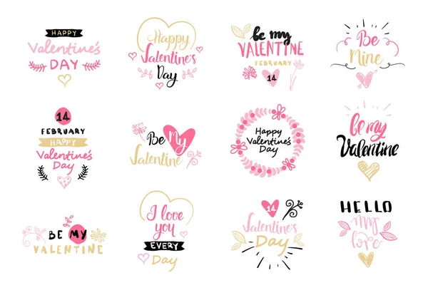 Set von Valentinstag Etikett und Abzeichen kreative Hand gezeichnet Schriftzug Elemente Sammlung isoliert auf weißem Hintergrund — Stockvektor