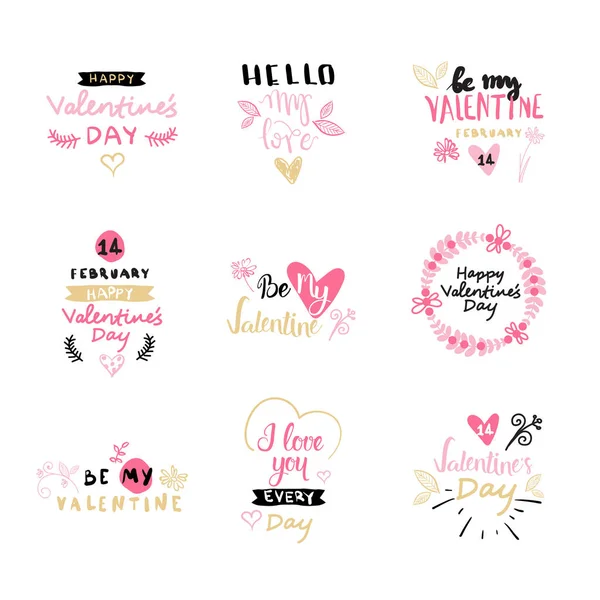 Conjunto de Dia dos Namorados Tipografia Lettering Logo. Amor Emblems Design com corações mão desenhada Caligrafia isolado — Vetor de Stock
