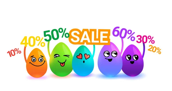 Grupo de coloridos huevos de Pascua de dibujos animados sosteniendo letreros de venta sobre fondo blanco — Vector de stock