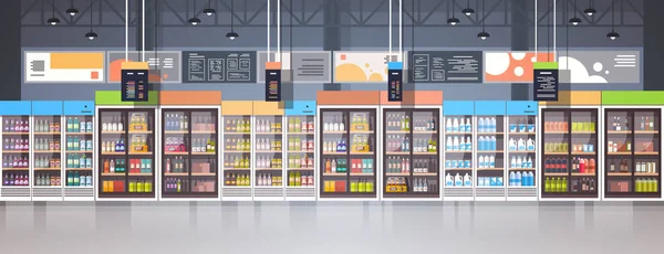 Supermercado Interior Retail Store con surtido de alimentos de comestibles en estantes Banner horizontal — Archivo Imágenes Vectoriales