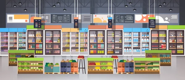Σούπερ μάρκετ διάδρομο με ράφια, είδη παντοπωλείου, ψώνια, λιανικό εμπόριο και τον καταναλωτισμό έννοια — Διανυσματικό Αρχείο