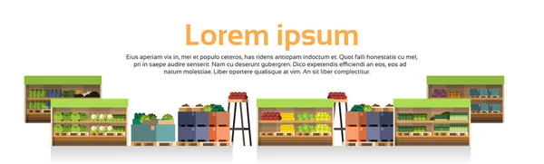 Prateleiras de supermercado modernas isolado loja de varejo, supermercado com sortimento de alimentos de mercearia — Vetor de Stock