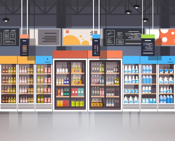 Supermercado Interior Retail Store con surtido de alimentos de comestibles en estantes — Vector de stock