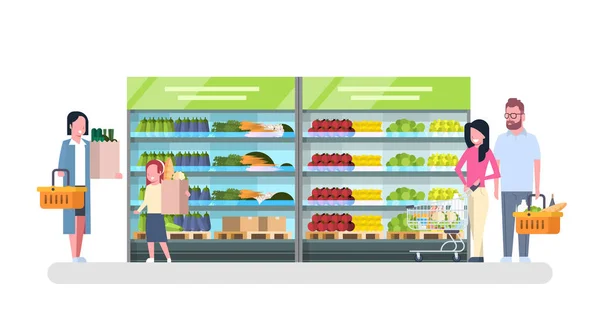 People Shopping In Grocery Store, Customer Market, Sale Supermarket Concept — Stock Vector