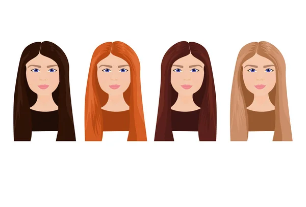 Набор красивых молодых женщин лица с длинными волосами в разных цветах изолированы на белом фоне — стоковый вектор