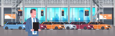 Satıcı adam araba Bayilik Merkez Showroom iç üzerinde Set yeni Modern Vechicles yatay Banner