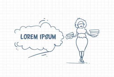 İş kadını elle kopya alanı ile arka plan üzerinde çizilmiş doodle