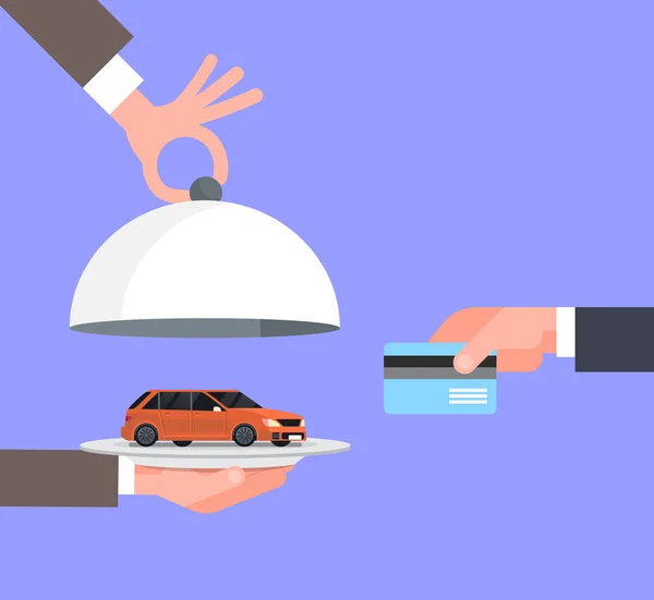 Satıcı adam el Vechicle sahibi ile kredi kartı, araba satın alma satış veya kiralama kavramı tepsiye verilmesi — Stok Vektör