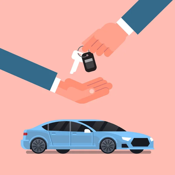 Araba satın alma satış veya kiralama kavramı, satıcı adam el anahtarları üzerinde yeni Vechicle sahibine verilmesi — Stok Vektör