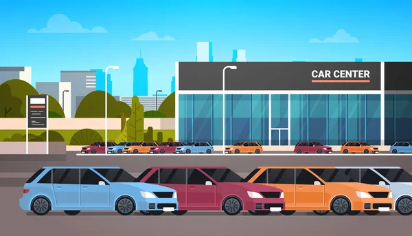 Novos Vechicles sobre carro Dealership Center Showroom Building — Vetor de Stock