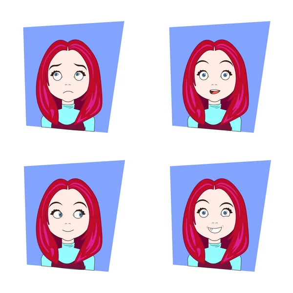 Gadis Cute Dengan Emosi Wajah yang Berbeda Set Of Young Red Hair Woman Wajah Ekspresi - Stok Vektor