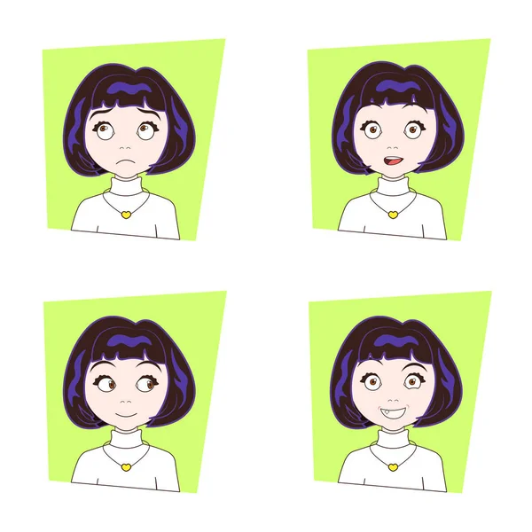 Fille brune mignonne avec différentes émotions faciales ensemble de jeunes femmes expressions du visage — Image vectorielle