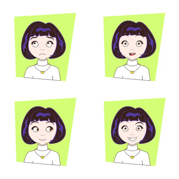 Linda chica morena con diferentes emociones faciales conjunto de expresiones faciales de mujer joven — Vector de stock