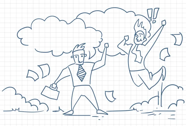 Doodle Empresarios exitosos saltando encima de la celebración del ganador Fondo dibujado a mano — Vector de stock
