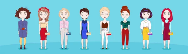 Joven lindo niñas conjunto con diferentes emociones mujeres en moderno ropa de longitud completa colección — Vector de stock