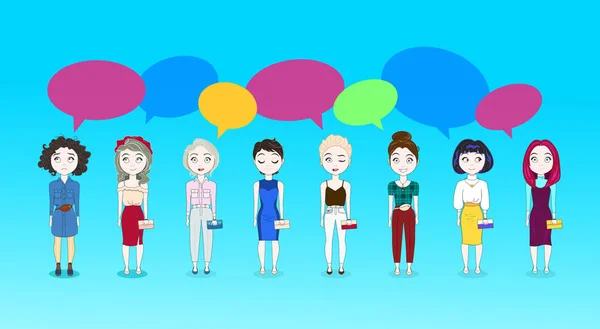 Groep van jonge vrouw leuke meisjes Over kleurrijke Chat Bubble achtergrond — Stockvector