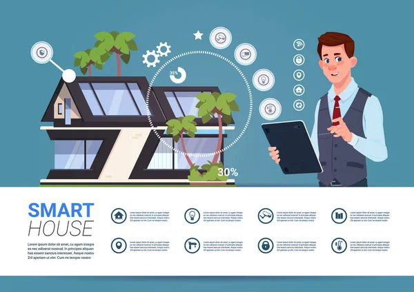 Banner inteligente da tecnologia da casa com o homem que segura o dispositivo digital da tabuleta com sistema de controle — Vetor de Stock