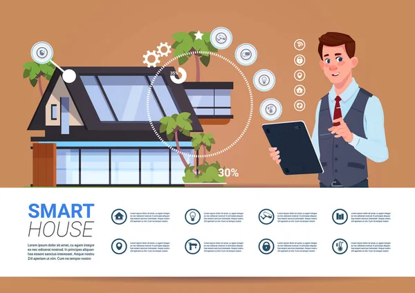 Conceito de tecnologia em casa inteligente com dispositivo de Tablet Man Holding com interface de controle — Vetor de Stock