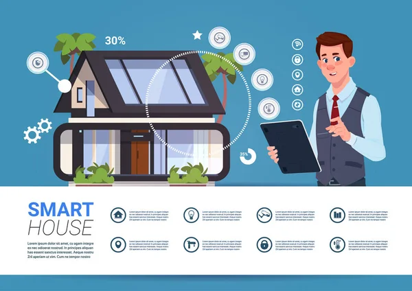 Conceito de gerenciamento de casa inteligente com dispositivo de Tablet Man Holding — Vetor de Stock