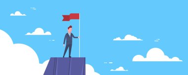 İş adamı bayrak dağın tepesinde, lider işadamı, liderlik ve başarı kavramı ile