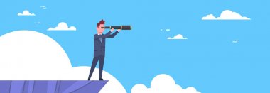 Businessman With Telescope Looking For Success, Opportunities, Business From Mountain Top, Vision Concept clipart