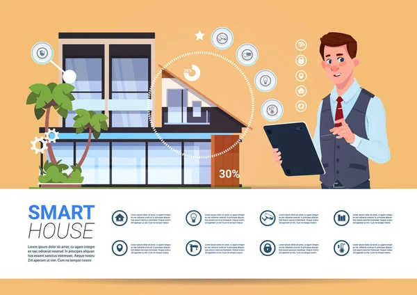 Banner inteligente da tecnologia da casa com o homem que segura o dispositivo digital da tabuleta com sistema de controle —  Vetores de Stock