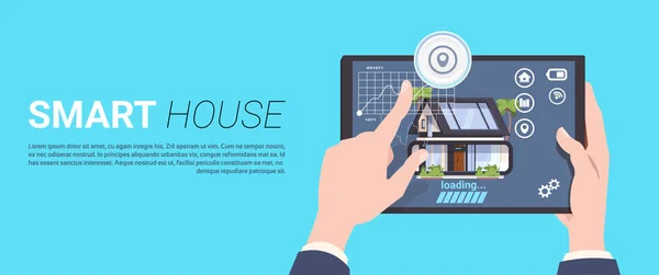 Smart Home Control Technology Konzept mit Tablet-Gerät in der Hand über Vorlagenhintergrund — Stockvektor