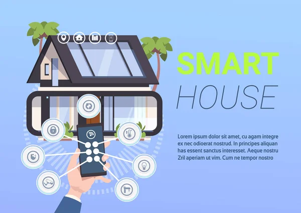 Hände halten Smartphone mit Steuerung App Smart Home Management-Technologie-Konzept — Stockvektor
