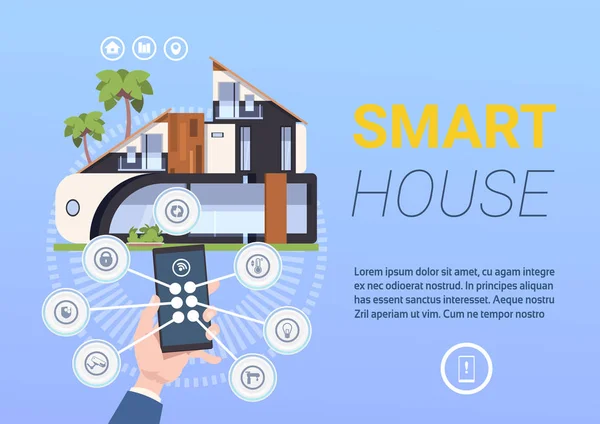 Technologie Smart Home Steuerungs- und Verwaltungssystem mit händenhaltendem Smartphone — Stockvektor