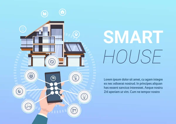 Konsep Smart Home Management Dengan Tangan Memegang Smartphone Dengan Aplikasi Kontrol - Stok Vektor