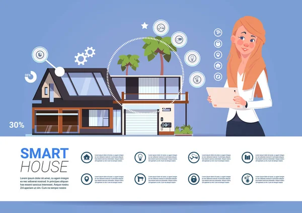 Smart Home Technology Banner med Woman Holding Digital Tablet enhed med Control System – Stock-vektor