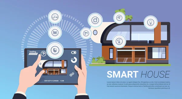 Smart-Home-Technologie Banner mit Händen halten digitales Tablet-Gerät mit Steuerung — Stockvektor